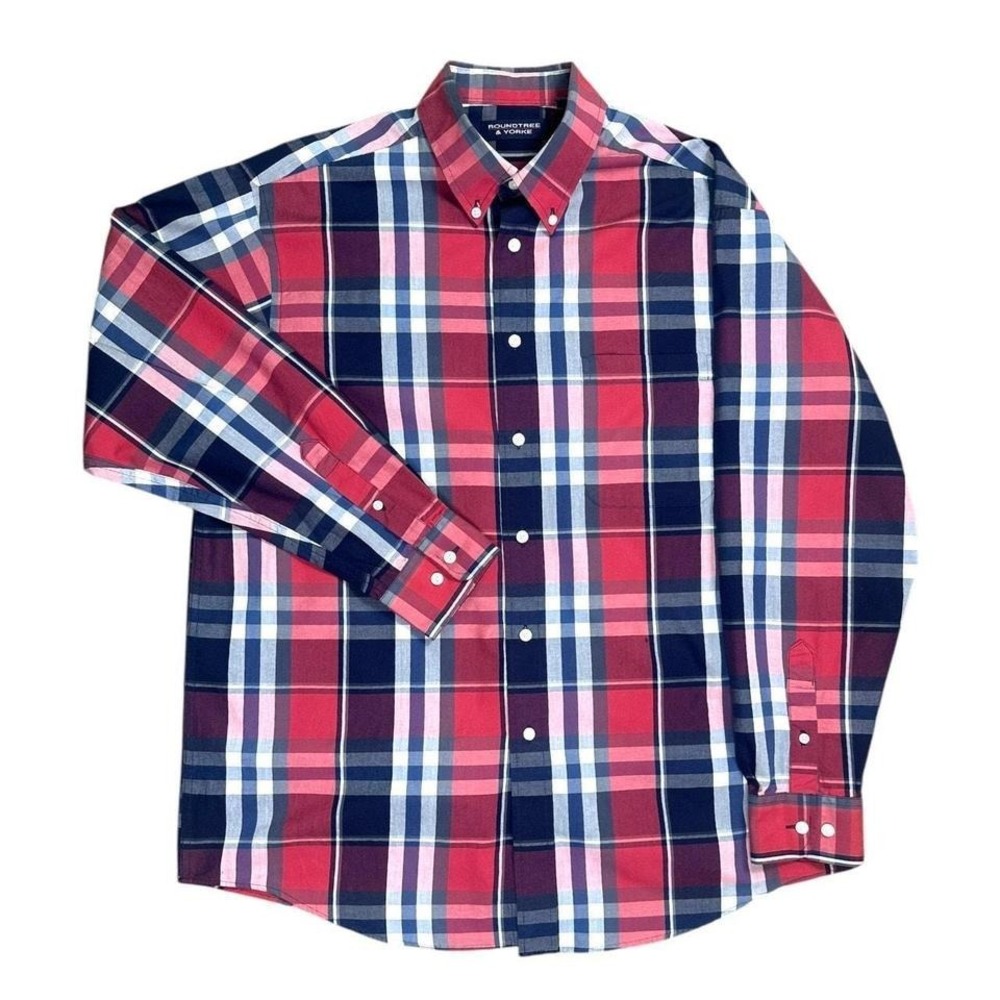 Roundtree & Yorke Men's Large Red Blue Plaid Button-Down Long Sleeve Shirt